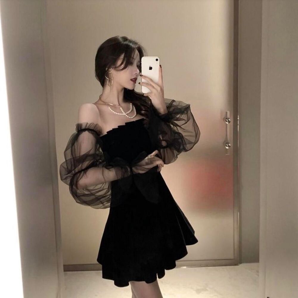 Black Dress with Sheer Off the Shoulder Sleeves